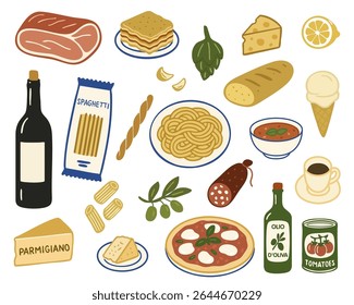 Collection of Italian Food Items like Pizza, Pasta, bread, cheese, wine, soup, salami, olive oil, canned tomatoes, meat, spaghetti, lasagna for a Delicious Cuisine Theme Vector illustration