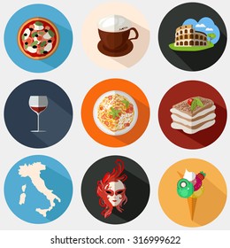 Collection of Italian icons in flat style. Vector illustration of pizza, pasta, Coliseum, coffee, mask, wine, tiramisu, map of Italy. European concept for advertisement, cafes and restaurants.