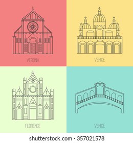 Collection of Italian landmarks made in vector. Church "Santa Croce", bridge "Rialto" in Venice, cathedral "Basilica di San Marco", "Basilica San Zeno Maggiore". Perfect icon for for postcard.