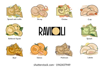 Collection of Italian pasta ravioli with different toppings. Mediterranean cuisine. Can be used for restaurant and cafe menu, logo, labels and food packaging.