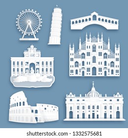 Collection of Italy famous landmarks in paper cut style vector illustration.
