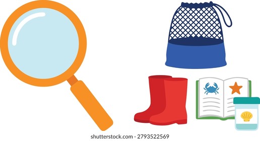 A collection of items for a beachcombing adventure, including a magnifying glass, net bag, boots, and a guide book.