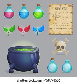 Collection of items to brew a magic potion. Witch accessories for making health, manna and other elixirs, cauldron, magic ingredients, ancient recipe, containers and scull. Game and app ui icons