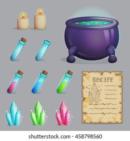 Collection of items to brew a magic potion. Witch accessories for making health, manna and other elixirs, cauldron, magic ingredients, ancient recipe, containers and candles. Game and app ui icons