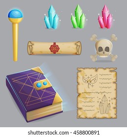 Collection of items to cast a magic spell. Wizard accessories for making magical tricks, ancient book of dead shadows, witch wand, shiny gemstones, scull and sealed manuscript. Game and app ui icons.