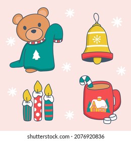 collection items for christmas or new year card such as lovely bear, christmas tree, present bag, candy on snowfall background, cartoon flat design, vector illustration