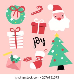 collection items for christmas or new year card such as lovely santa claus, present, gift, wreath, candy and candy cane and christmas tree on pink background, cartoon flat design, vector illustration