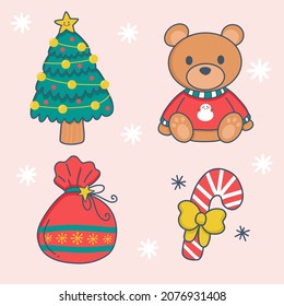 collection items for christmas or new year card such as lovely bear, christmas tree, present bag, candy on snowfall background, cartoon flat design, vector illustration