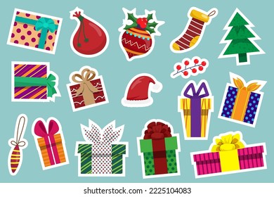 Collection items for christmas or new year card such as present, gift, sack, sock, hat, christmas tree on background, cartoon flat design, vector illustration