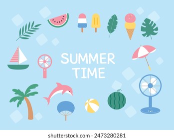 A collection of items for a cool summer holiday. vector style illustration.