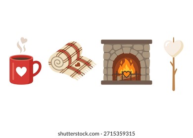 Coleção de itens para uma noite acolhedora: caneca de chocolate quente com coração, cobertor dobrado, lareira crepitante, e um marshmallow assado.