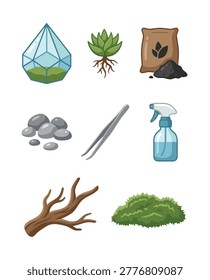 Collection of items for creating a terrarium including a glass container, plants, soil, rocks, tweezers, spray bottle, and wood.