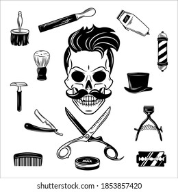 Recogida de artículos y equipo para las peluquerías. Icono de corte de trazador o láser. Ilustración vectorial de corte de Barbershop.