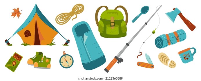 Collection of items and equipment for the hike: tent, backpack, sleeping bag, sneakers, matches, fishing rod.