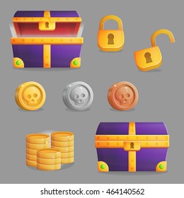 Collection of items for finding and opening a treasure chest with riches. Accessories for treasure chest opening, coins and riches inside of it and padlock. Game and app ui icons.