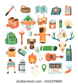 Collection of items for hiking, backpacking and traveling into the wild. 
Isolated vector icons.