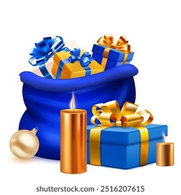 Collection of items, including a blue Christmas bag, a gold candle, and gift boxes with ribbons, all arranged on a white background.