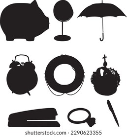 A collection of items including a piggy bank a clock an umbrella a pen a ring and electric wire