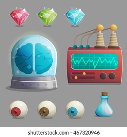 A collection of items for mad evil professor human experiment laboratory design. Canned brain, human eyeballs, lab equipment, gemstones and other spooky elements for game and app design.