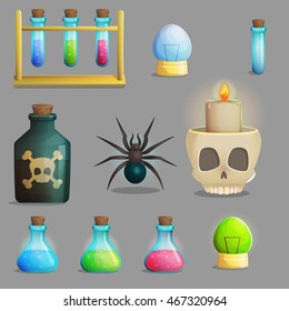 A collection of items for mad evil professor human experiment laboratory design. Test tubes, poison bottle, lab equipment, spider and other spooky elements for game and app design.
