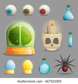 A collection of items for mad evil professor human experiment laboratory design. Canned brain, human eyeballs, scull chandelier and other spooky elements for game and app design.