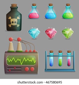 A collection of items for mad evil professor human experiment laboratory design. Test tubes, poison bottle, lab equipment, gemstones and other spooky elements for game and app design.
