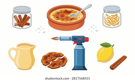 A collection of items for making creme brulee, including ingredients and a kitchen torch.