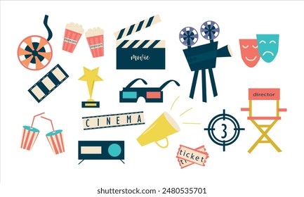 Kollektion von Gegenständen zum Film- oder Kinothema. Film machen und Film im Kino-Illustrations-Set - Film, Regisseur Chatr, Kader, Snack.