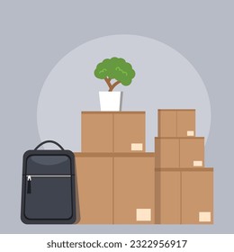 A collection of items for preparation for returning to university. The boxes contain study supplies and clothes needed at the dorm
