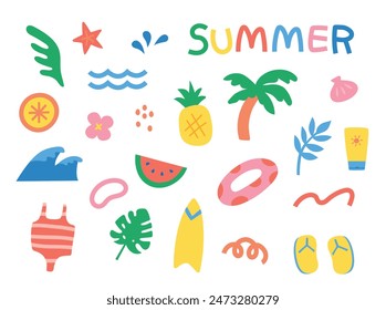 A collection of items to represent a cool summer beach. vector style illustration.