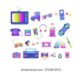 A collection of items in the retro style of the 90s. Neon vector illustration in cartoon style.