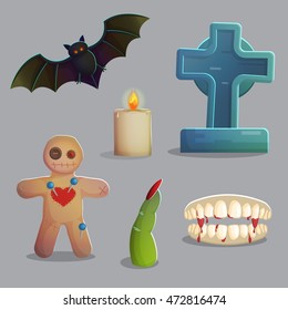 A collection of items spooky graveyard items and design elements for game and app design. Gravestone, voodoo doll with needles, vampire bat, zombie finger and other.
