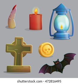 A collection of items spooky graveyard items and design elements for game and app design. Gravestone, ancient lantern, vampire bat, zombie finger and other.