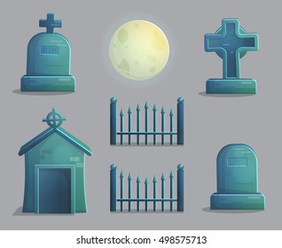 A collection of items spooky graveyard items and design elements for game and app design. Gravestone, cross, full moon, cemetry fence, crypt.