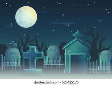 A collection of items spooky graveyard items and design elements for game and app design. Gravestone, cross, full moon, cemetry fence, crypt.