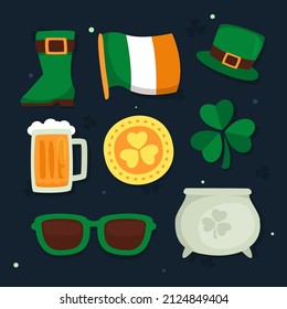 Collection items of St. Patrick's day Flat cartoon style design with flag, hat, leprechaun's boot, beer, clover, glasses, hat, horseshoe, horn, pot and golden coin, vector illustration