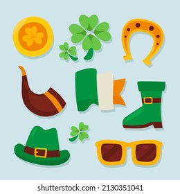 Collection items of St. Patrick's day Flat cartoon style design with flag, hat, leprechaun's boot, beer, clover, glasses, hat, horseshoe, horn, pot and golden coin, vector illustration