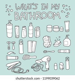 A collection of items that can be found in one's bathroom, such as shower gel, bath foam, shampoo, conditioner, hair mask, face&body scrub, hair removal accessories, soap, hairdryer, toothbrush etc.