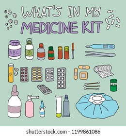 A collection of items that can be found in one's medicine kit, such as tablets and pills, salves and cremes, essential oils, bandages, thermometer, etc. All hand-drawn with changeable stroke weight