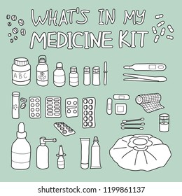 A collection of items that can be found in one's medicine kit, such as tablets and pills, salves and cremes, essential oils, bandages, thermometer, etc. All hand-drawn with changeable stroke weight