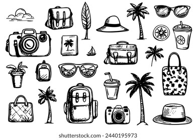 Una colección de artículos relacionados con los viajes y el ocio. Los artículos incluyen una cámara, gafas de sol, una mochila, un bolso, un sombrero, un libro, una taza, una botella, una maleta y una palmera