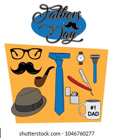 A collection of items that symbolise fathers and fathers day. The strokes are a bit roughened so the items look like hand drawn.