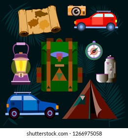 A collection of items for travel. Tourist complex. Map, compass, lamp, backpack, car, camera. Against the background of fern leaves.
