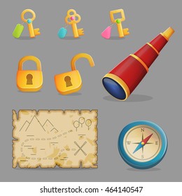 Collection of items for treasure hunting journey and navigation. Accessories for treasure hunting journey, ancient map, compass, spyglass a collection of key and padlocks. Game and app ui icons.