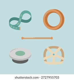Una colección de artículos utilizados para la elaboración y proyectos de bricolaje, incluyendo una cinta métrica, aro de bordado, agujas de tejer y una rueda de cerámica.