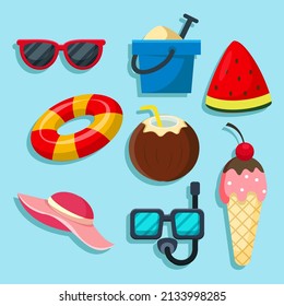 Collection of items for vacation or journey on beach in summer day, drawing cartoon style with tropical travel concept, vector illustration