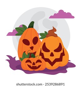 Colección de calabazas Jack-O-Lantern con expresiones de miedo bajo la luna llena, Ilustración vectorial