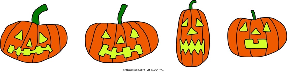 A collection of jack-o'-lantern cliparts drawn in a simple cartoon style.