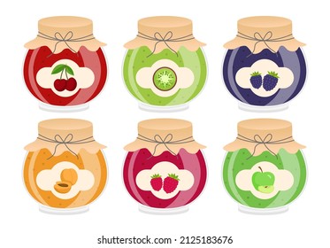 Collection of jam. Set of various sweets, stickers for social networks. Fruit paste jars with natural, organic and fresh products. Cartoon flat vector illustrations isolated on white background