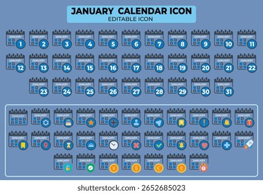 Collection of January calendar icons with days and diverse related symbols arrangement  for